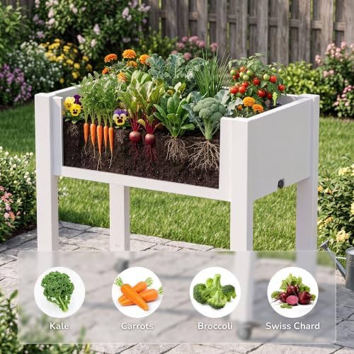 Elevated Raised Garden Bed with Wheels,Planter Outdoor Plants,Matte White - Image 6
