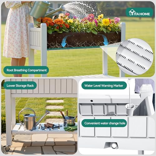 YITAHOME 3.6x1.5x2.8 FT Elevated Garden Bed Kit with Legs and Wheels, Outdoor Large Resin Planter Box Stand with Drain Plug and Storage Shelf for Plants Vegetables Fruits, Grayish-White - Image 2
