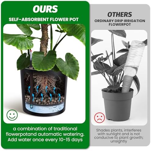 Takywep Set of 2 Large Round Planters – 19.5" Tall Self Watering Plant Pots with Drainage & Water Level Indicator, Indoor Outdoor Planters with Wheels-Black - Image 5