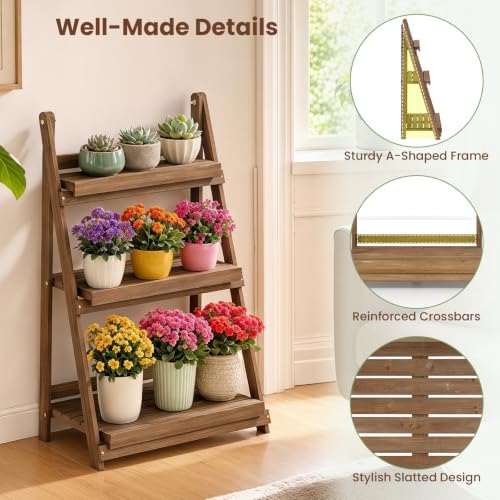 GIANTEX Foldable Wooden Plant Stand, 3-Tier Ladder Plant Shelf, Brown - Image 6