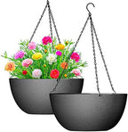 WOUSIWER 13 inch 2Pack Large Hanging Planters for Outdoor Indoor Plants with Drainage Holes and Chain, Round Hanging Flower Pots for Garden Home Porch Decor, Black by Wousiwer