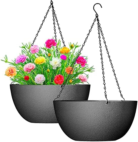 WOUSIWER 13 inch 2Pack Large Hanging Planters for Outdoor Indoor Plants with Drainage Holes and Chain, Round Hanging Flower Pots for Garden Home Porch Decor, Black by Wousiwer