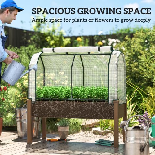 Outsunny Raised Garden Bed with PE Greenhouse Cover 48x22x46 inch Brown - Image 6