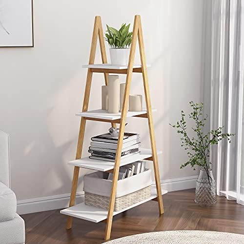 4-Tier Ladder Bookcase with Solid Bamboo Frame A Shape Multifunctional Display Shelf Ladder Shelf freestanding for Home Office，White/Wood (A-Frame Shelf) - Image 3