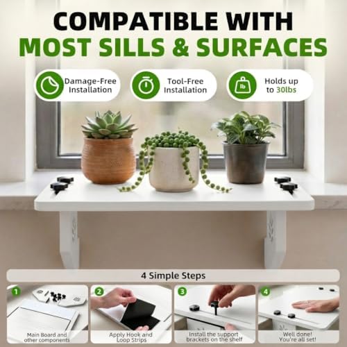Set of 2 Window Sill Plant Shelves, 17''x13‘’ Window Sill Extender, Heavy-Duty Solid Wood Window Shelf for Plants, Renter Friendly No Drilling/Damage, Holds Up to 30 LBS (2, White) - Image 6