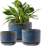 SURE YUESI Ceramic Plant Pots Set of 3, Indoor Outdoor Planters with Drainage Hole and Saucer, Ceramic Flower Pots for Indoor Plants, 4.3+5.5+6.8 Inch, Home, Garden, Patio and Office, Glossy Blue by SUREYUESI