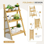 Foldable Ladder Shelf 39.4", Plant Shelf 3 Tier, Bamboo Ladder Bookshelf - Image 2