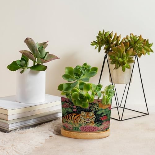 Chinoiserie Tiger Planter Ceramic Green and Turquoise Tiger Stripe Round Plant Pot with Drainage Holes and Bamboo Tray Pot for Home Office Desk Garden - Image 4