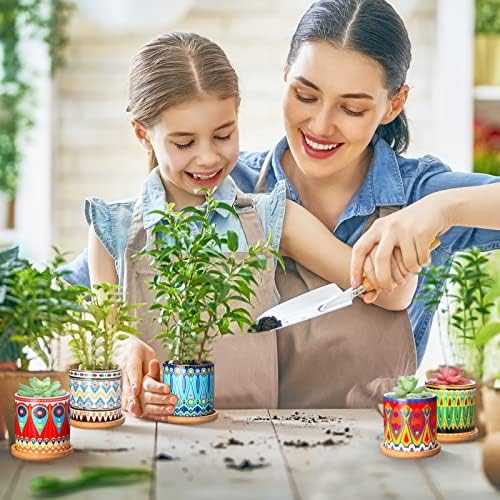 Zopeal 12 Pcs Mandala Ceramic Succulent Pots with Bamboo Trays, Colorful Boho Spring Decor Planters, Small Cactus Plant Pots for Desk Shelf Windowsill, Fiesta Home Decor - Image 6