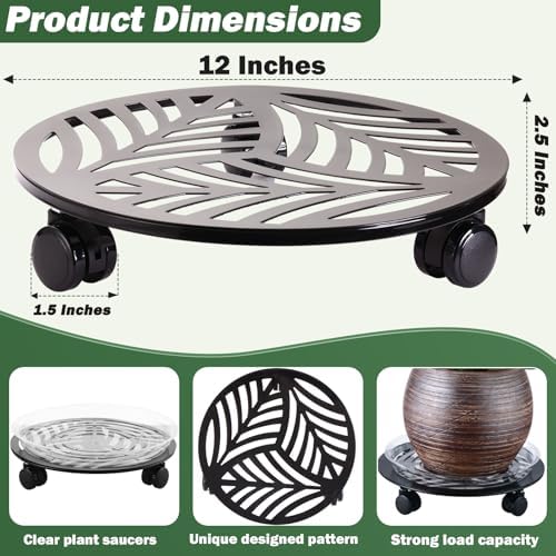 3 Packs Large Metal Plant Caddy with 3 PU Wheels 12" Heavy-Duty Wrought Iron Rolling Plant Stands Indoor Outdoor Wheeled Plant Dolly Planter Mover Rollers Plant Trolley Cart, Plant Saucers Included - Image 4