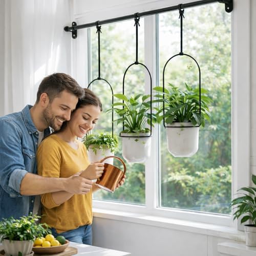 Adjustable Hanging Window Planter Set, Metal Rod Plant Hanger with 3 Pots, Indoor Herb Garden Plant Shelf for Windowsill, Balcony, Kitchen, Apartment (Black) - Image 5