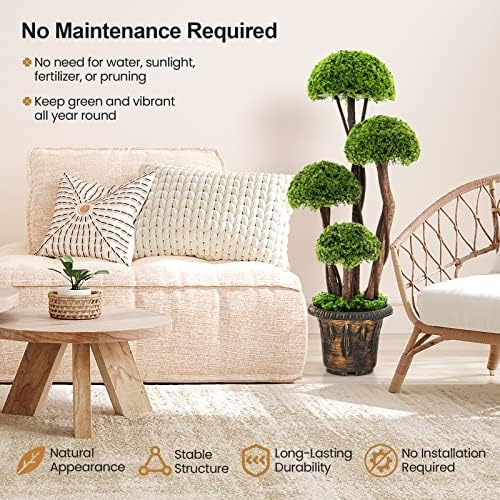 DREAMADE 3ft. Artificial Cypress Topiary Tree, Ball Shaped Faux Cedar Trees w/Retro Cement Pot, 4 Boxwood Topiary Balls, Outdoor Plants Artificial for Porch, Foyer, Garden, Front Door, Set of 2 - Image 2