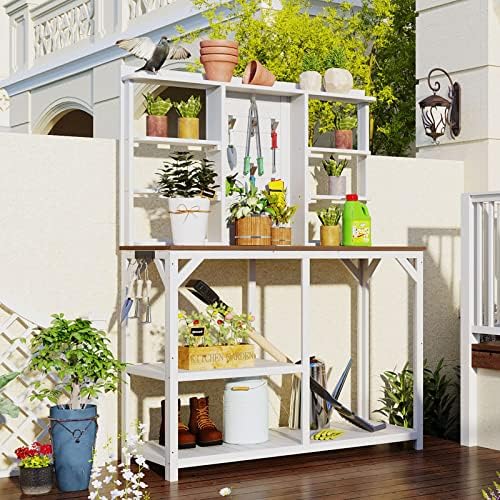 Outdoor Garden Potting Bench Table with 6-Tier Storage Shelves and Side Hook, 64.6" Large Wooden Patio Work Station, Potting Benches for Outside, Mudroom Backyard Work Bench Table (White) by LVTFCO