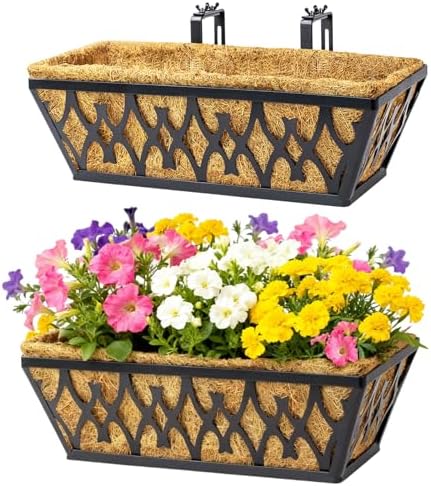 2 Pack 16 Inch Window Boxes Planters Railing Planter Box with Adjustable Brackets for Porch Fence Patio Balcony Hanging Flower Baskets with Coco Liners for Outdoor Garden Decor - Black by KarlliuHOMEGARDEN