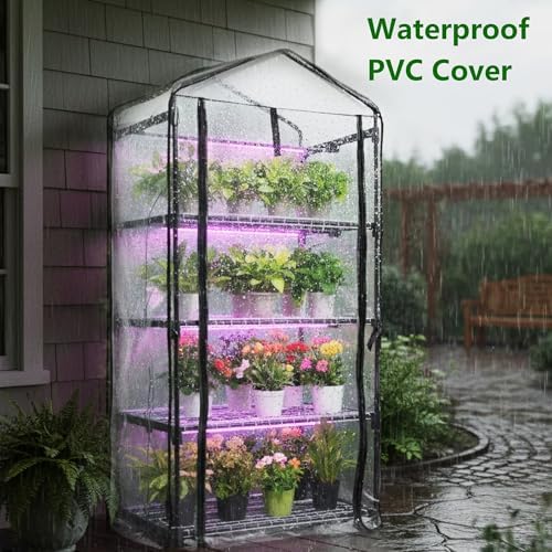 Indoor Greenhouse with Grow Lights, 4-Tier Mini Greenhouse w/Multiple Modes Plant Lights & Waterproof Base Mat & Zippered Door, Walk-in Green House for Growing Plants, Seed Starting, Seed Tray - Image 7