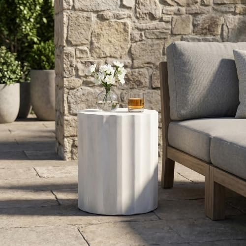 ø15.25'' Concrete Side Table End Table for Outdoor & Living Room, Modern Retro Round Circle Style, Durable and Lightweight, Cement Material, Diamond Pattern, No Assembly, Antique White - Image 3