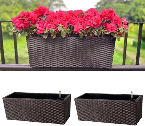 LaLaGreen Outdoor Rail Planter for Balcony (20 Inch, 2 Pack) Large Black Self Watering Railing Planters with Brackets, Rectangular Plastic Window Flower Box Fence Designer Choice with Rattan Pattern by L%C3%A1L%C3%A1Green