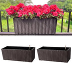 LaLaGreen Outdoor Rail Planter for Balcony (20 Inch, 2 Pack) Large Black Self Watering Railing Planters with Brackets, Rectangular Plastic Window Flower Box Fence Designer Choice with Rattan Pattern by L%C3%A1L%C3%A1Green