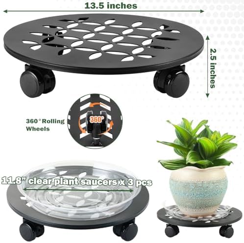 3 Packs 13.5" Large Metal Plant Caddy with Wheels Heavy-duty Plant Dolly Pot Mover Rollers Rolling Plant Stands Indoor Outdoor Wheeled Plant Holder Coaster Trolley, Black - Image 3