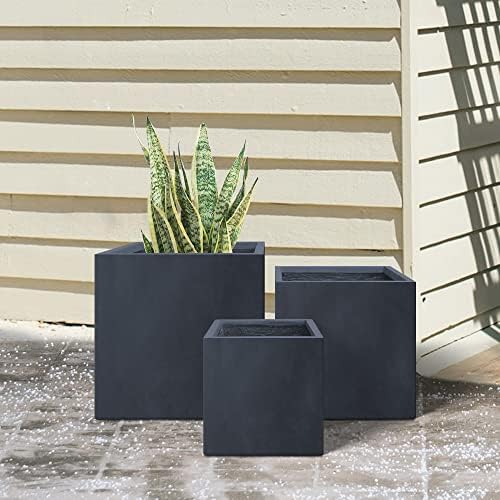 Kante 16",12",10" Square Concrete Planters Set of 3 for Outdoor Indoor Home Patio Garden, Large Plant Pot with Drainage Hole and Rubber Plug, Charcoal - Image 4