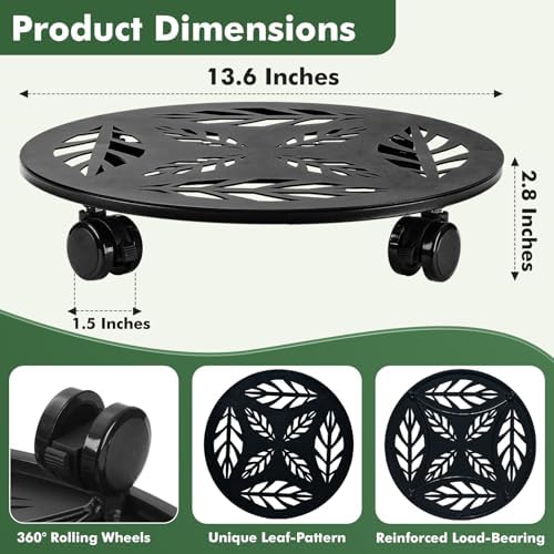 Planterhoma 3 Packs 14 Inch Rolling Plant Stand with Wheels Metal Plant Caddy with Wheels Heavy Duty Plant Rollers with Wheels Round Wrought Iron Plant Stand with Clear Saucers, Matte Black - Image 3