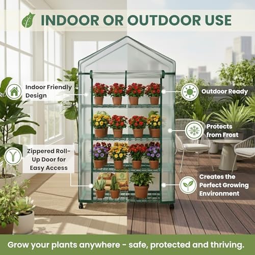 4 Tier Mini Greenhouse - Portable Greenhouse with Locking Wheels and PVC Cover for Indoor or Outdoor Green House by Pure Garden - Image 3