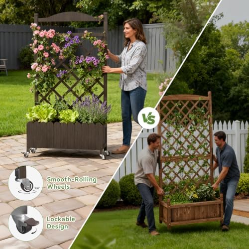 COMHOMA Planter Box with Trellis and Wheels, 48In Elevated Raised Garden Bed, Drainage Holes, Outdoor Lattice for Climbing Flowers, Vegetables, Patio Balcony, Brown - Image 3