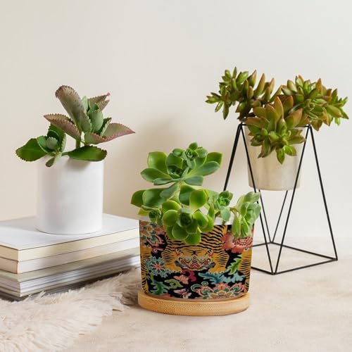 Chinoiserie Tiger Planter Ceramic Green and Turquoise Tiger Stripe Round Flower Pots with Drainage Holes and Bamboo Tray Pot for Pots Outdoor Indoor Plants - Image 4