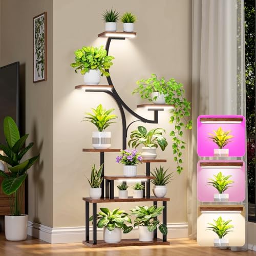 softeen Plant Stand Indoor with 4 Grow Lights & 3 Colors, 8 Tiered Corner Plant Shelf, 63" Tall Plant Stands for Indoor Plants Multiple, Metal Flower Display Shelves Holder for Home(Dark) by softeen