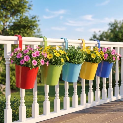 Hanging Metal Flower Planters 5-Pack, Railing Bucket with Hooks - Image 4