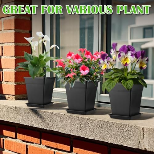 6 inch Plant Pots, 10 Pack Flower Pots Outdoor Indoor, Square Plastic Planter with Drainage Holes and Saucers, 0.5 Gallon Planter Pots for Plants Deep Capacity Garden Pot Container with Tray - Image 6