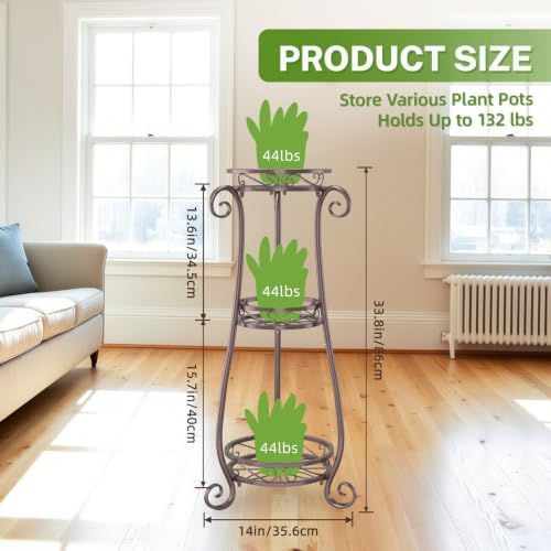 iDavosic.ly 3 Tier Tall Metal Plant Stand Outdoor Indoor, 34 Inch, Bronze - Image 2