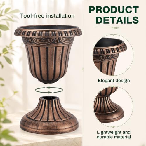 Zhehao 4 Pcs 10 x 12 Inches Brushed Copper Plastic Urn Planter Classic Flower Pots Front Porch Planters Indoor Outdoor Planters with Pedestal for Wedding Party Bridal Shower Garden Patio Porch - Image 3