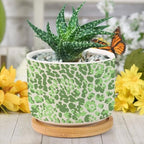 Leopard Green Beige Planters Ceramic Chinoiserie Style Green Round Flower Pot with Drainage Holes and Bamboo Tray Pot for Pots Outdoor Indoor Plants - Image 6