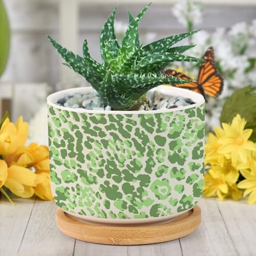 Leopard Green Beige Planters Ceramic Chinoiserie Style Green Round Flower Pot with Drainage Holes and Bamboo Tray Pot for Pots Outdoor Indoor Plants - Image 6