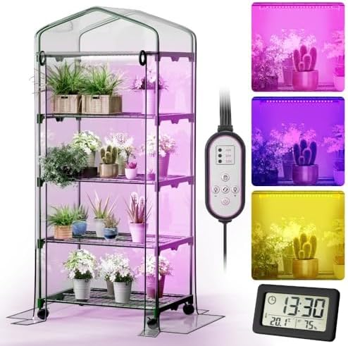 Indoor Greenhouse with Grow Lights & Wheels, 4 Tier Wire Shelf PVC Tent by AILOOCEDI