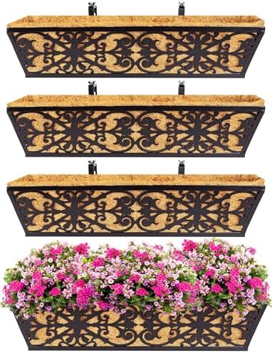 4 Pack 24 Inch Window Boxes Planters Railing Planter Box with Adjustable Brackets & Coco Liners Fabric Plant Grow Bags Deck Railing Planter Boxes Balcony Hanging Flower Box for Outdoor Plants by KarlliuHOMEGARDEN