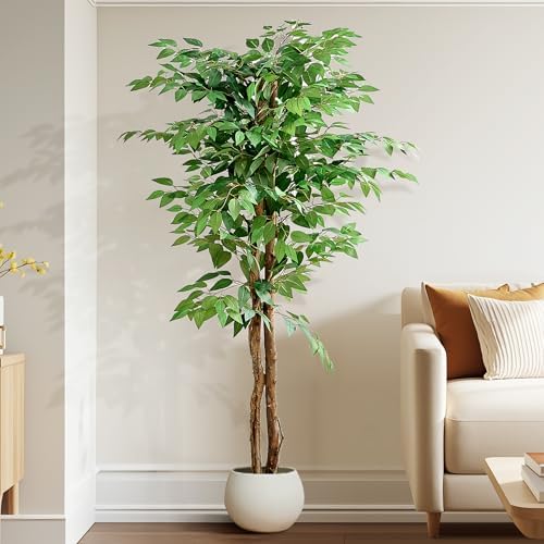 VECELO Ficus Tree Artificial 6 Feet, Tall Faux Tree in Pot, Fake Floor Plant with Realistic Tree Branch & Silk Leaves for Home Office Indoor Decor - Image 7