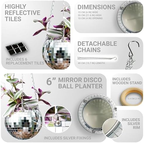 Bubblegum Stuff Disco Ball Hanging Planter (6 in) - Hanging Planters for Indoor Plants - Spherical Shaped Plant Pots with Mirrored Exterior - Available in 4-inch, 6-inch and 8-inch Sizes…… - Image 3
