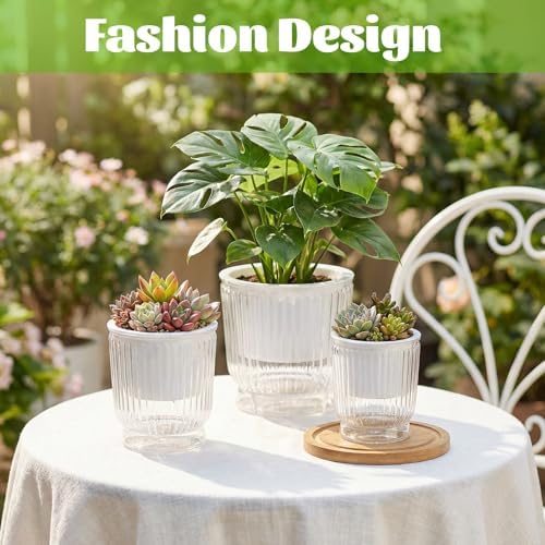 Set of 6 Self Watering Plant Pot 3 Sizes Plastic Double Layer Self Watering Flower Pot with Multi Mesh Drainage Holes Wicking Reservoir for Indoor Outdoor Garden Plants(White) - Image 4