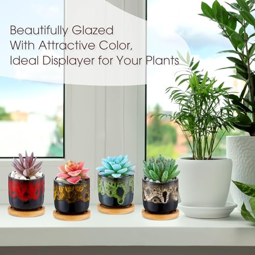 12 Pcs Succulent Pots 2.5 Inch Mini Ceramic Succulent Garden Flower Pots Planters with Drainage and Bamboo Tray for Indoor Garden Plants Planters Colorful Flower Pot(Cylindrical,2.3 Inch H) - Image 6