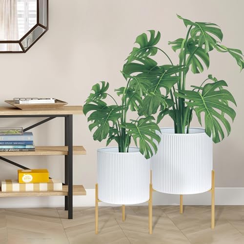 ARNIS Modern Plant Pots, Set of 2 Round Large Planters with Stand, Large Size Metal Pots with Drainage Holes for Living Room, Office, Garden or Balcony, 10.5 &12.25 Inch, White & Gold - Image 2