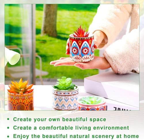 Zopeal 12 Pcs Mandala Ceramic Succulent Pots with Bamboo Trays, Colorful Boho Spring Decor Planters, Small Cactus Plant Pots for Desk Shelf Windowsill, Fiesta Home Decor - Image 4