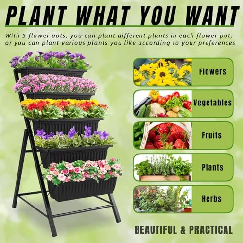 Homdox 4FT Vertical Garden Bed, 5 Tiers Raised Garden Planter, 25.6 * 26 * 48Inch with 4 Hooks & 4 Wheels, Vegetable Flower Stand for Garden Patio Yard, Black - Image 5
