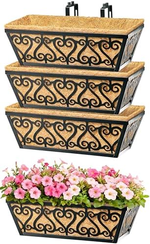 4 Pack 16 Inch Deck Railing Planter Box - Window Boxes Planters with Adjustable Brackets Coco Liners Balcony Planters Railing Hanging for Window Flower Boxes Outdoor Garden Decor by EINYEXW