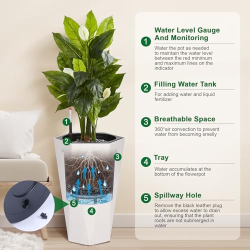 22.5 Inch Tall Planters Set of 2, Outdoor Planters Self Watering Plant Pots with Water Level Monitor, Multiple Drainage Holes, Flower Pots for Patio, Porch, Living Room, or Home Office, White - Image 4
