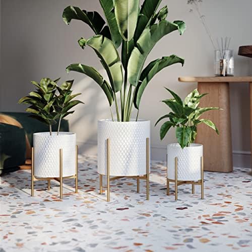EverNest Claire Mid-Century Modern White Planter and Stand, Indoor Plant Pot, SelectBase, Minimalist Aesthetic, Home Decor for Plants - (Gold Base, Medium) - Image 6