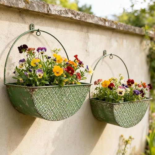 2-Piece Green Metal Planter Wall Hanging Baskets Decor Half-Moon Wall Mount Planter Set for Shabby Chic Farmhouse Outdoor Indoor Wall Decor by Unknown