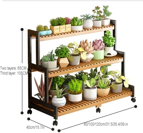 Plant Stand, Bamboo Ladder Shelf Display Shelf, Multi-Tier Planter Holder with wheel for Home Garden Patio Balcony Indoor Outdoor Use,80*40*105cm - Image 2