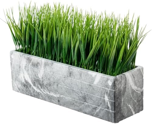 MyGift 14 Inch Artificial Green Grass Plant in Gray Marble Pattern Resin Ribbed Rectangle Planter, Faux Greenery Rectangular Cement Pot Centerpiece Home Décor by MyGiftHome